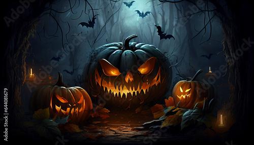 Halloween jack o lantern with pumpkins wallpaper nightscary decoration, Ai generated image