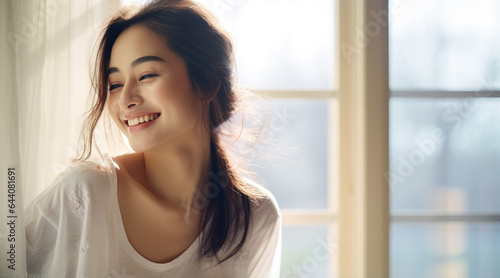 明るく美しいボケの、朝の陽ざしが入る窓辺で優しく笑う20代のアジア人女性