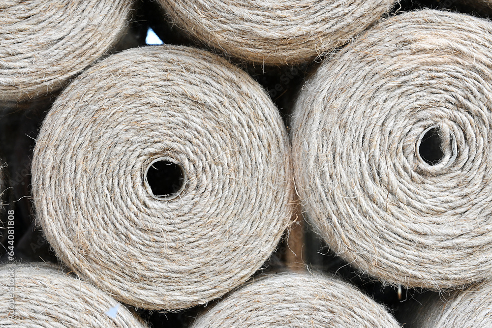 Large spools of twine, handmade skeins of rope. Large spools of twine, handmade skeins of rope.