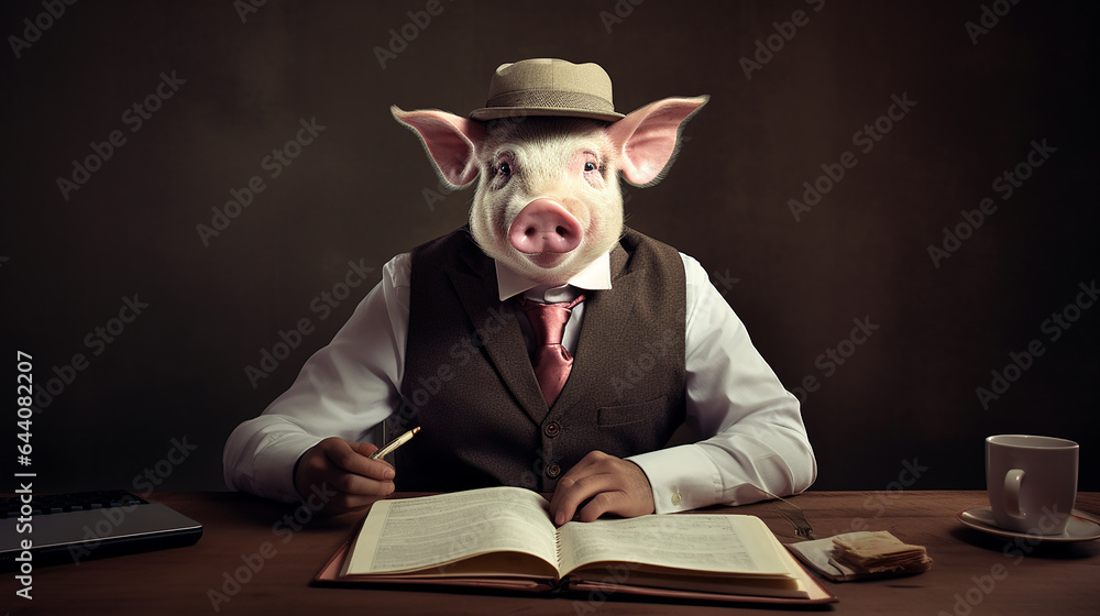 porco empreendedor estudando em livro 