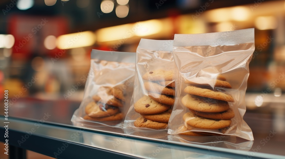 Fototapeta premium Bags of cookies in supermarket