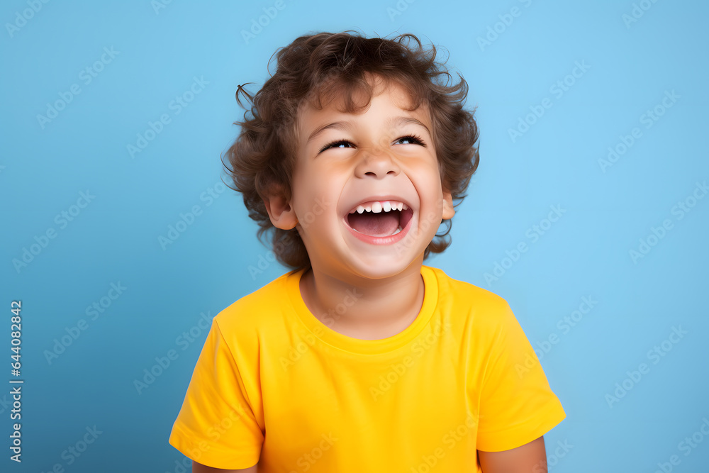 Studio portrait of a little boy being happy, isolated on colorful background. Kids emotions or moods concept. Generative AI Studio portrait of a little boy being happy, isolated on colorful background. Kids emotions or moods concept. Generative AI