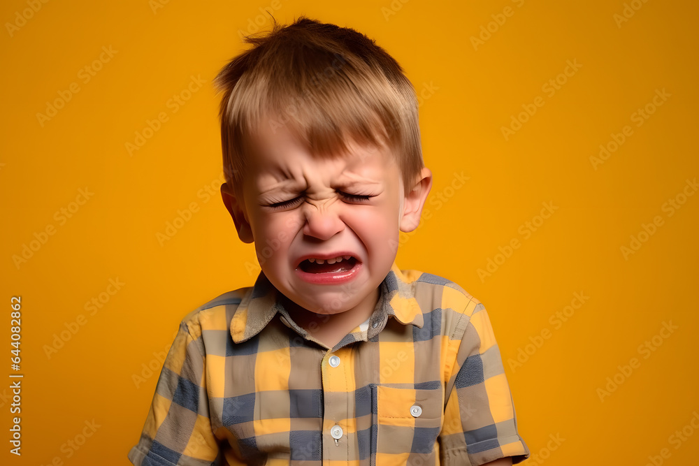 Studio portrait of a little boy crying in sadness or pain, isolated on colorful background. Kids emotions or moods concept. Generative AI Studio portrait of a little boy crying in sadness or pain, isolated on colorful background. Kids emotions or moods concept. Generative AI
