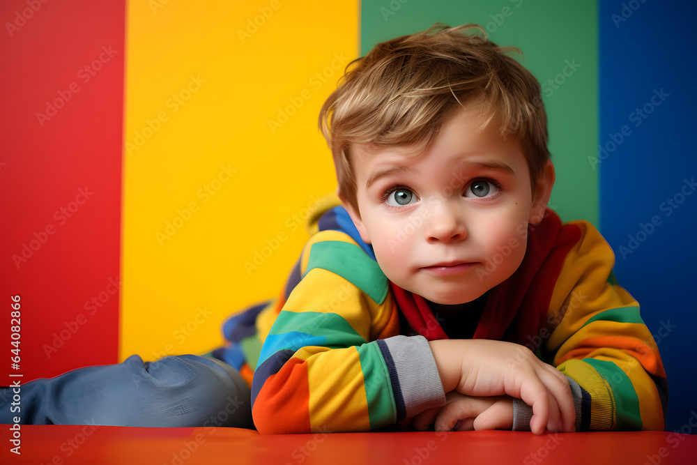 Studio portrait of a little boy being interested and interogative, isolated on colorful background. Kids emotions or moods concept. Generative AI Studio portrait of a little boy being interested and interogative, isolated on colorful background. Kids emotions or moods concept. Generative AI