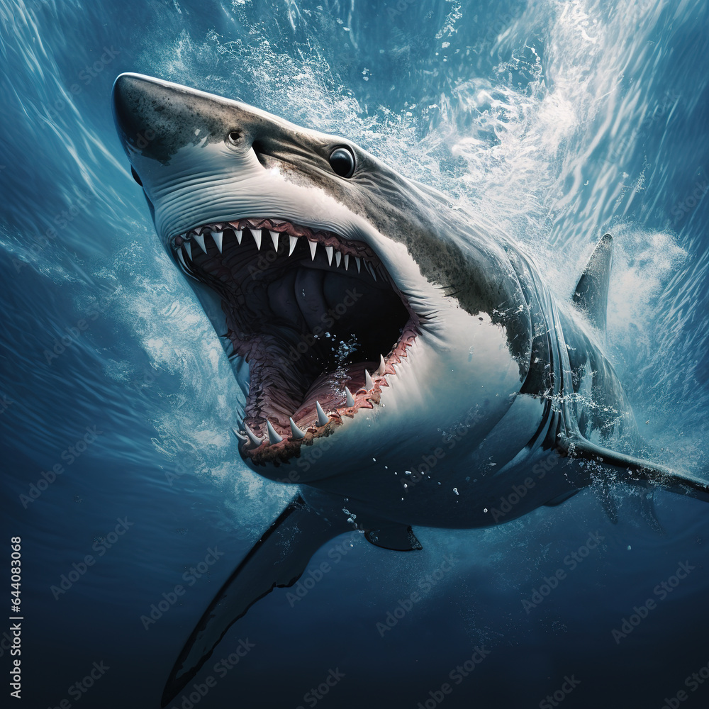 Obraz premium An angry big shark opens its mouth wide with sharp teeth. Undersea animals. Fish. Illustration, Generative AI.