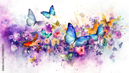 A Colorful Garden: A Digital Art Illustration,flowers and butterflies,abstract watercolor background,butterflies and flowers