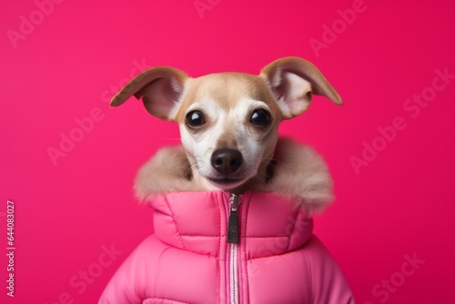 Close-up portrait photography of a happy italian greyhound dog wearing a puffer jacket against a hot pink background. With generative AI technology © Markus Schröder
