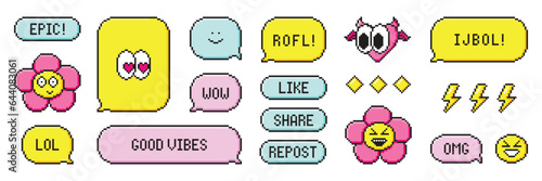 Pixel art dialogue box, acronym word IJBOL, LOL, ROFL, flower. Speech bubbles in the mood of 90's aesthetics. Vector 8-bit retro style illustration set. 