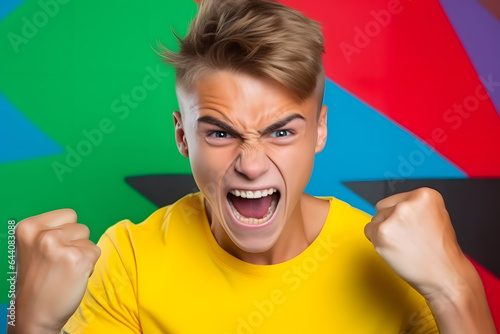 Studio portrait of a teenager boy being proud and victorious, isolated on colorful background. Teenager emotions or moods concept. Generative AI