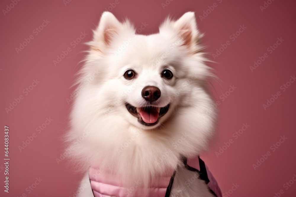 Close-up portrait photography of a cute american eskimo dog wearing a training vest against a dusty rose background. With generative AI technology