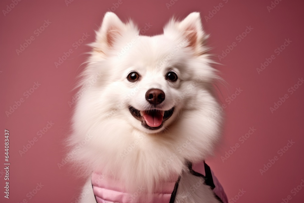 Close-up portrait photography of a cute american eskimo dog wearing a training vest against a dusty rose background. With generative AI technology Close-up portrait photography of a cute american eskimo dog wearing a training vest against a dusty rose background. With generative AI technology
