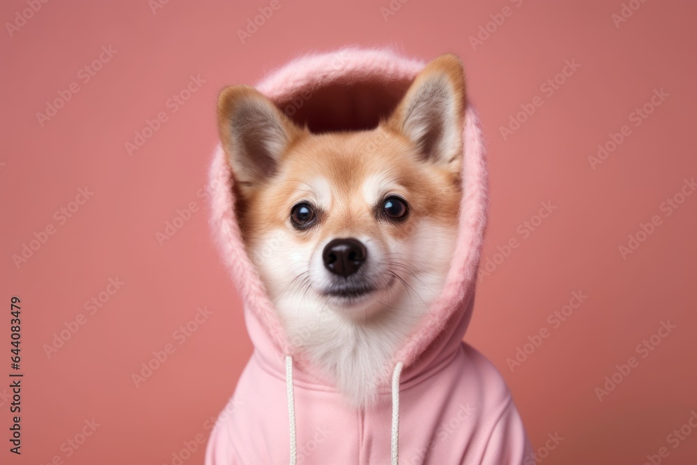 Medium shot portrait photography of a funny norwegian lundehund wearing a fluffy hoodie against a dusty rose background. With generative AI technology