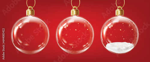 3d Merry Christmas and Happy New Year Concept Tree Decoration Glass Ball Transparent inside Snow and Empty Cartoon Style. Vector illustration