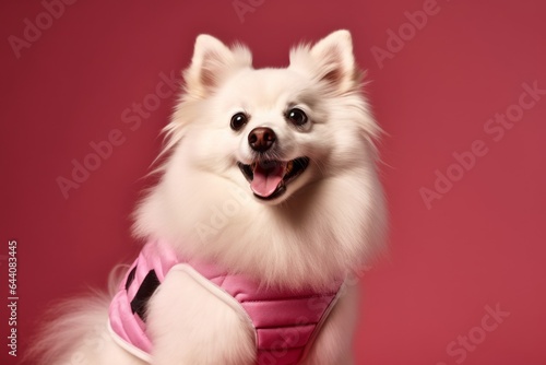 Close-up portrait photography of a cute american eskimo dog wearing a training vest against a dusty rose background. With generative AI technology