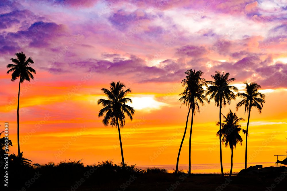 The silhouette of a row of coconut trees on Bakongan Beach, Tapaktuan, Aceh during sunset, with the sky blending from orange to red and magenta, is a truly beautiful moment.