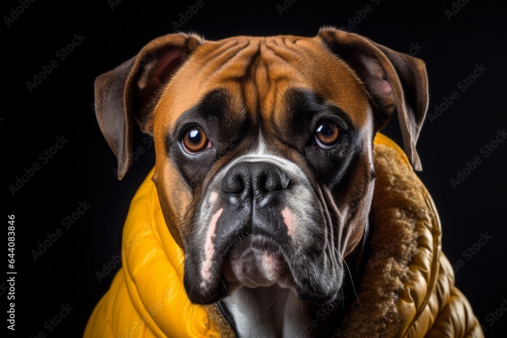 Close-up portrait photography of a funny boxer dog wearing a therapeutic coat against a matte black background. With generative AI technology