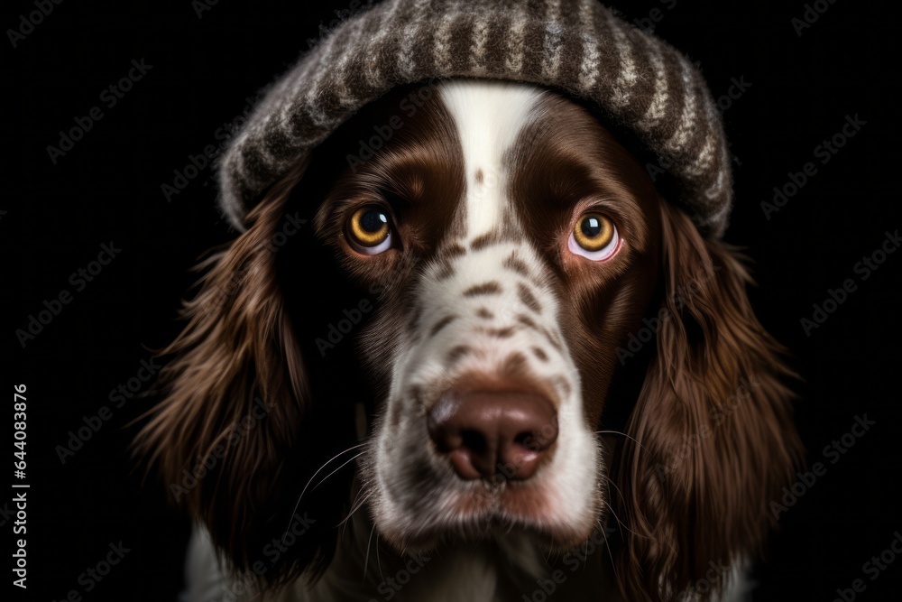 Close-up portrait photography of a funny english springer spaniel wearing a winter hat against a matte black background. With generative AI technology