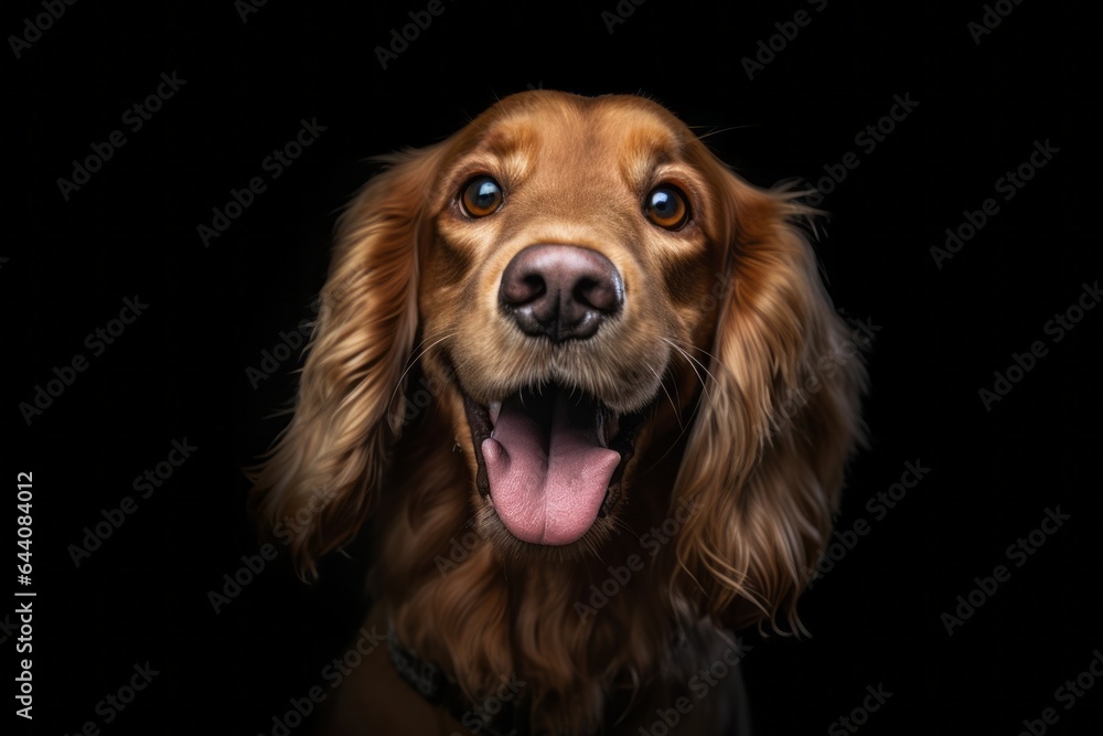Close-up portrait photography of a happy cocker spaniel wearing a therapeutic coat against a matte black background. With generative AI technology