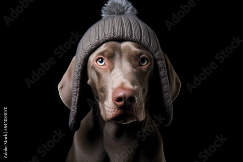 Close-up portrait photography of a funny weimaraner dog wearing a winter hat against a matte black background. With generative AI technology
