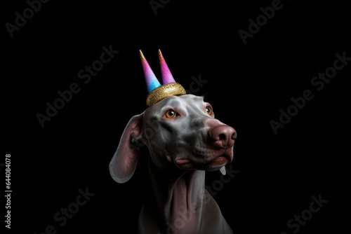 Medium shot portrait photography of a smiling weimaraner dog wearing a unicorn horn against a matte black background. With generative AI technology