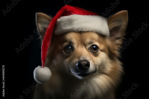 Close-up portrait photography of a cute norwegian lundehund wearing a christmas hat against a matte black background. With generative AI technology © Markus Schröder