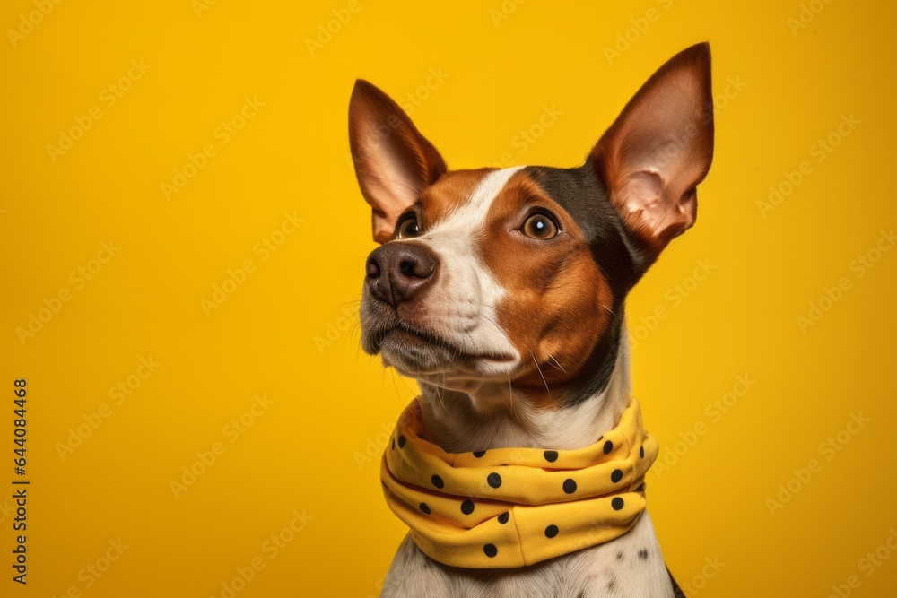 Photography in the style of pensive portraiture of a smiling basenji dog wearing a polka dot bandana against a bright yellow background. With generative AI technology