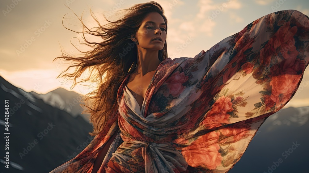 Fototapeta premium Model on a mountaintop, wearing a floral scarf that dances in the wind, epitomizing freedom.