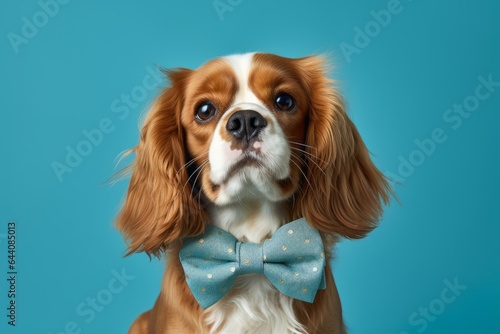 Close-up portrait photography of a smiling cavalier king charles spaniel dog wearing a cute bow tie against a teal blue background. With generative AI technology © Markus Schröder