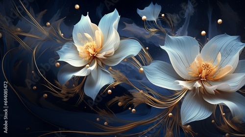 3d wallpaper design golden blue flowers