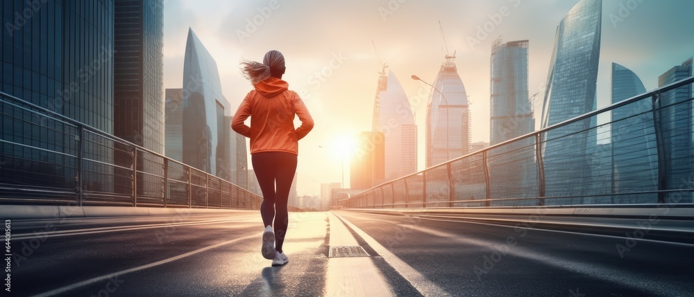 Obraz premium Senior woman going for a run, old woman living a healthy lifestyle for longevity on road in city in morning, glass building background, Generative AI