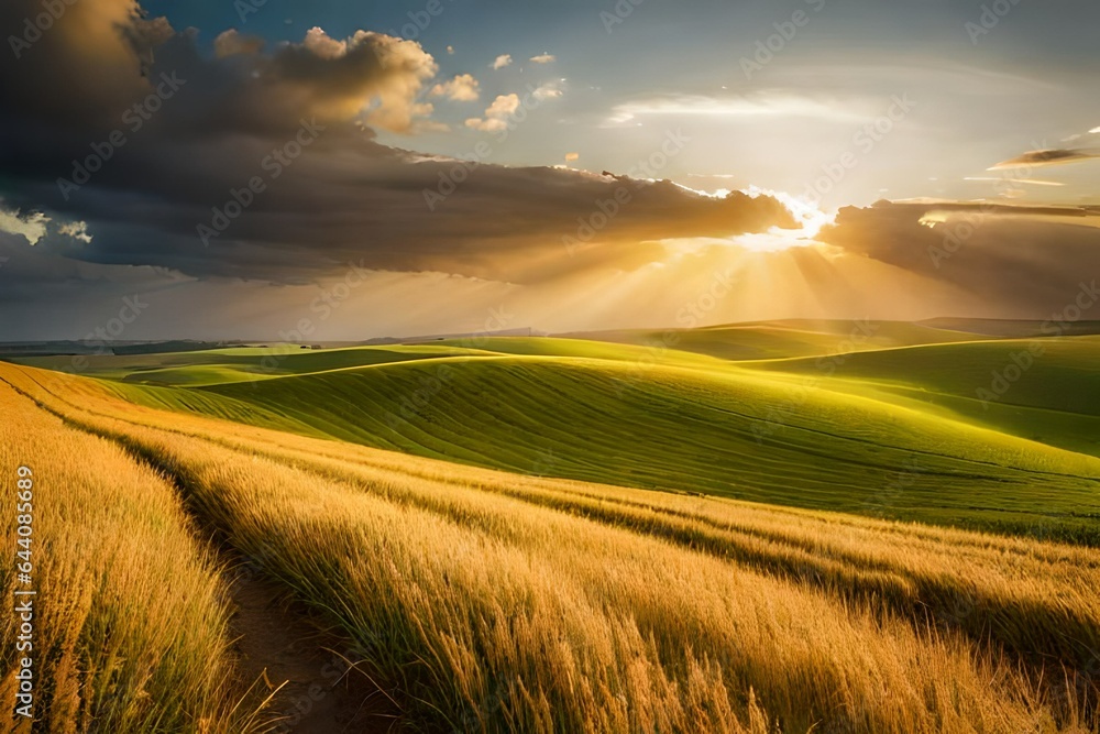 field of wheat and sunset