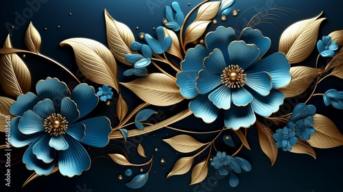 3d wallpaper design golden blue flowers