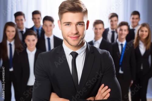 Smiling guy man young businessman business entrepreneur office employee CEO company manager startup employer specialist finance. Group talented team enterprising university students education
