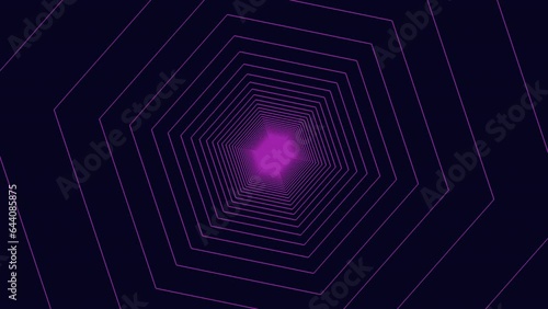 A dark and mysterious graphic design featuring a purple maze composed of zigzagging purple hexagons against a black background