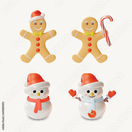 3d Merry Christmas and Happy New Year Concept Snowman Character and Gingerbread Man Set Cartoon Style. Vector illustration