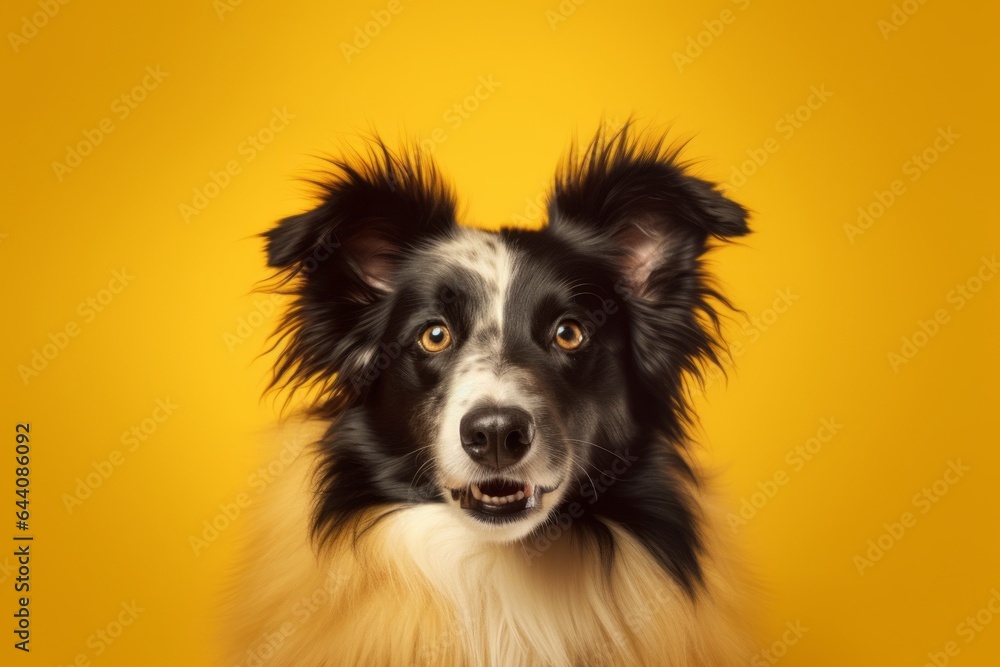 Conceptual portrait photography of a cute border collie wearing a lion mane against a pastel yellow background. With generative AI technology