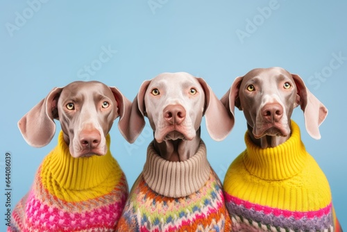 Group portrait photography of a funny weimaraner dog wearing a festive sweater against a pastel yellow background. With generative AI technology