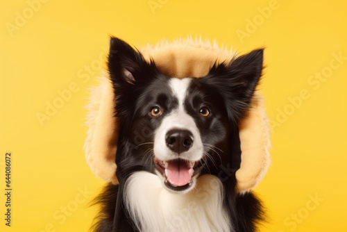 Conceptual portrait photography of a cute border collie wearing a lion mane against a pastel yellow background. With generative AI technology