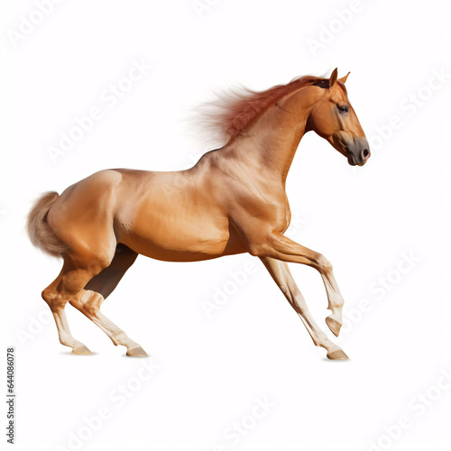 A splendid brown horse, set against a clean white background, commands attention.