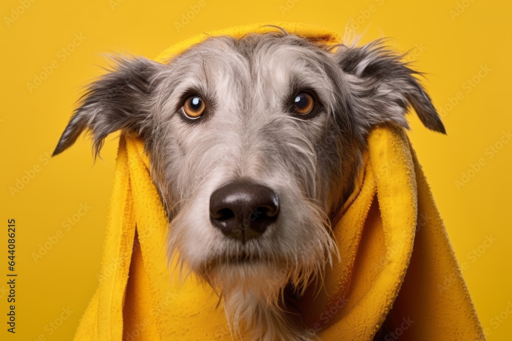 Fototapeta premium Group portrait photography of a smiling irish wolfhound dog wearing an anxiety wrap against a pastel yellow background. With generative AI technology