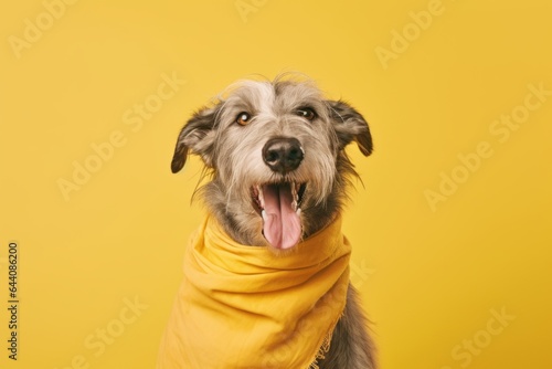Group portrait photography of a smiling irish wolfhound dog wearing an anxiety wrap against a pastel yellow background. With generative AI technology photo