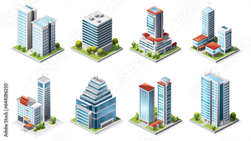 A set of isometric skyscraper buildings, including business offices and commercial towers