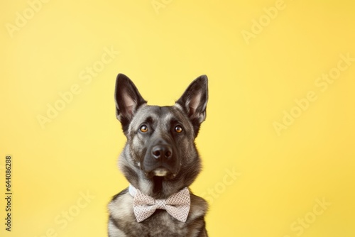 Close-up portrait photography of a bored norwegian elkhound wearing a cute bow tie against a pastel yellow background. With generative AI technology