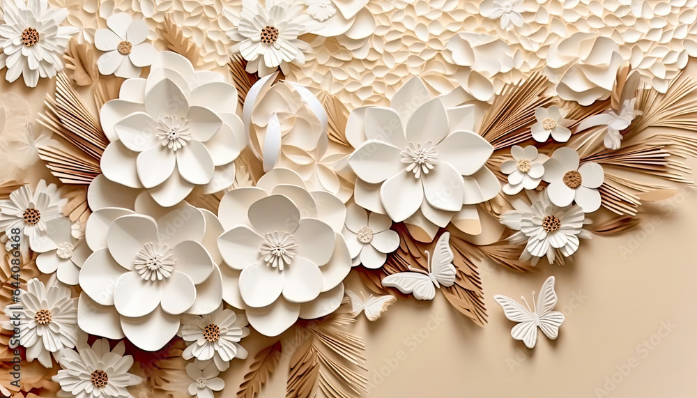 White and beige Floral and Butterfly Background in Soft and Dreamy Style White and beige Floral and Butterfly Background in Soft and Dreamy Style