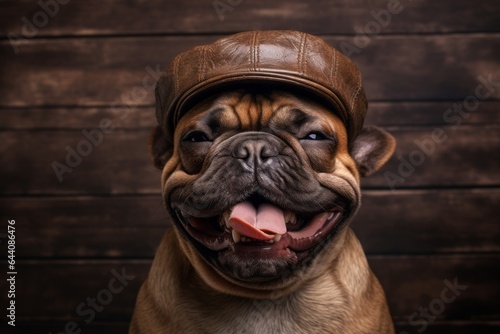 Medium shot portrait photography of a happy french bulldog wearing a cool cap against a rustic brown background. With generative AI technology