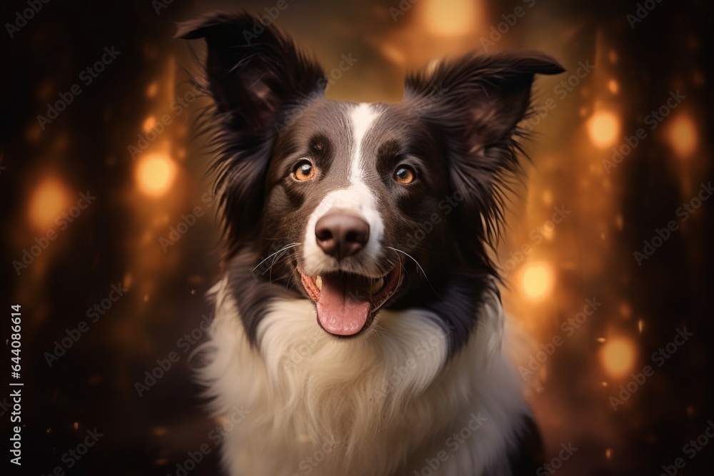 Close-up portrait photography of a happy border collie wearing a fairy wings against a rustic brown background. With generative AI technology