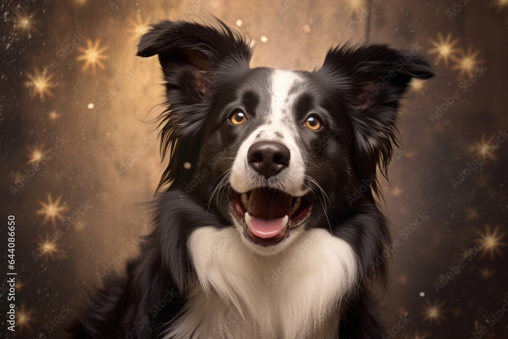 Close-up portrait photography of a happy border collie wearing a fairy wings against a rustic brown background. With generative AI technology