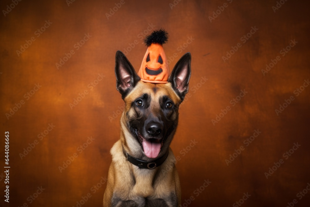 Obraz premium Medium shot portrait photography of a funny belgian malinois dog wearing a halloween costume against a rustic brown background. With generative AI technology