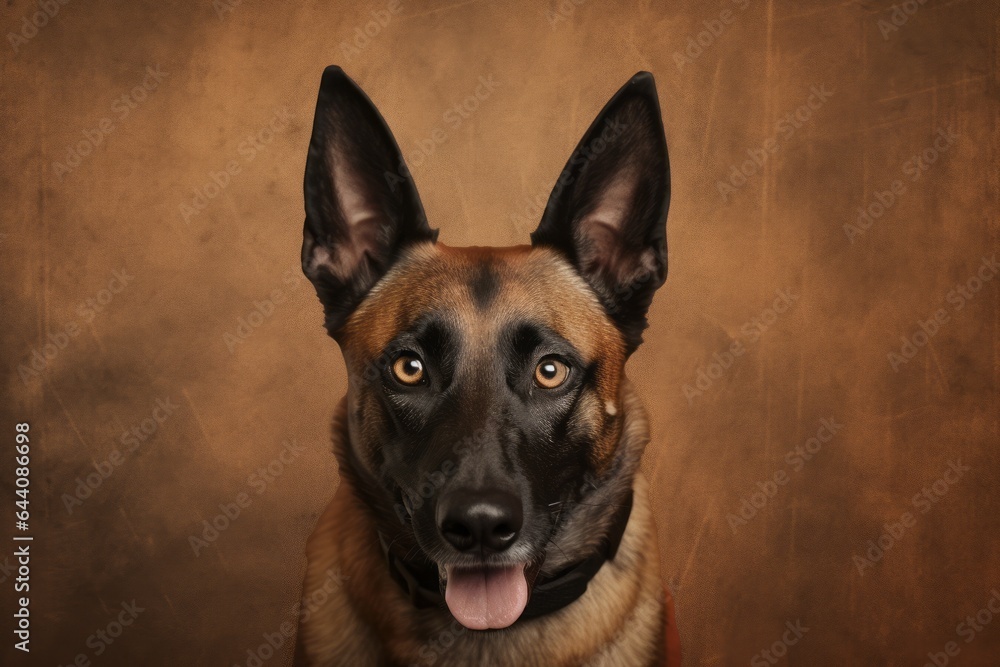 Medium shot portrait photography of a funny belgian malinois dog wearing a halloween costume against a rustic brown background. With generative AI technology