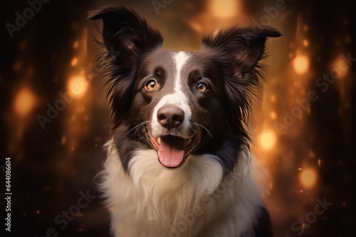 Close-up portrait photography of a happy border collie wearing a fairy wings against a rustic brown background. With generative AI technology © Markus Schröder